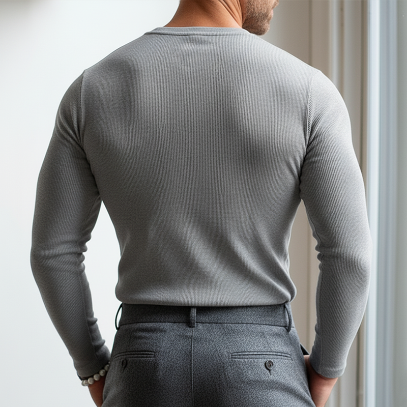 Men's Classic Solid Color Three-button Henley Neck Slim-fit Knitted Long-sleeved T-shirt MTZ0421A9U