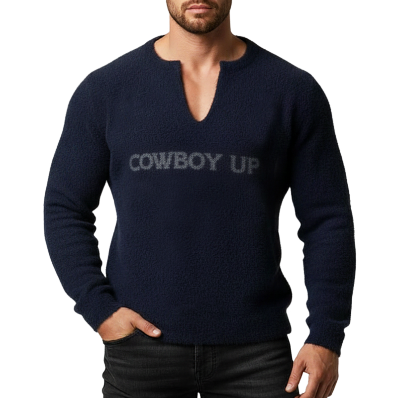 Men's Urban Style Navy Blue V-neck Slim-fit Knitted Sweater MTA0462L4U