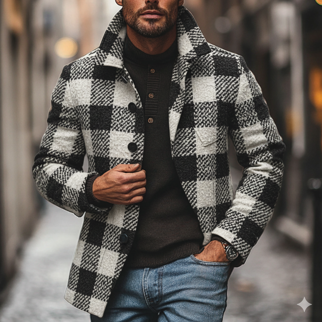 Men's Casual Plaid Blend Lapel Mid-length Coat MTA2998I8X