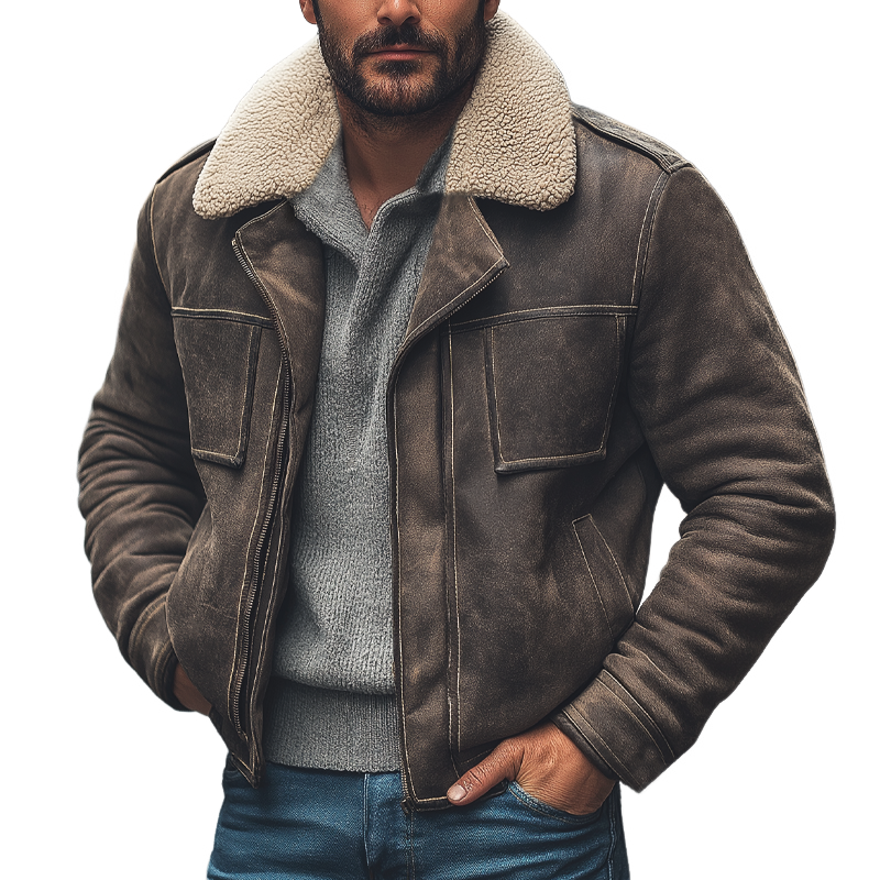 Men's Winter Suede Patchwork Lamb's Wool Collar Zip-up Jacket Jacket MTA0389K2U