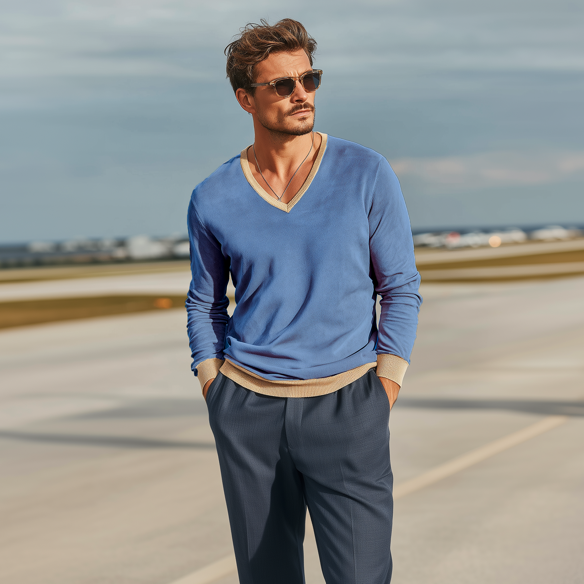 Men's Classic Casual Collar, Cuffs And Hem Ribbed Stitching Thin Suede V-neck Long-sleeved T-shirt MTA2323G5K