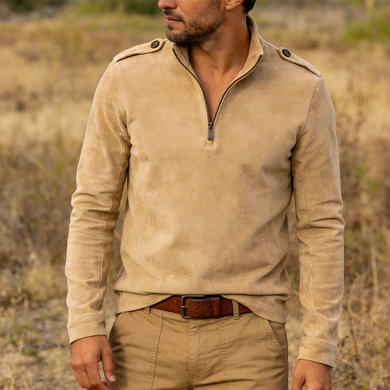 Men's Retro Casual Faux Suede Zipper Stand Collar Long-Sleeve T-Shirt MTA1138L9TO