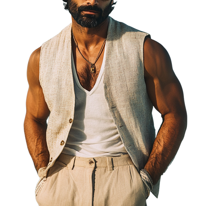 Men's Cotton And Linen Solid Color V-Neck Vest MTA1975G6X