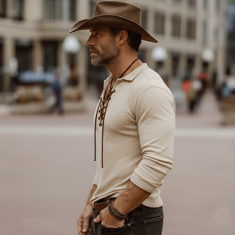Men's Western-style Beige Faux Suede Lace-up V-neck Long-sleeved T-shirt MTZ1295A0U