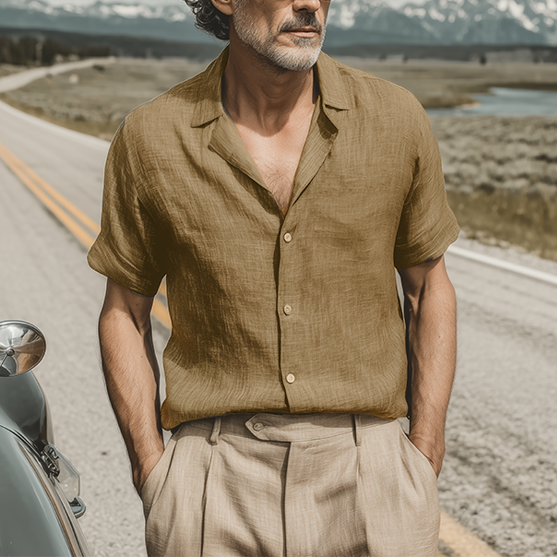 Men's Spring And Summer Classic Casual Cotton And Linen Mixed Color Texture Breathable Short-sleeved Shirt MTA1126G5K