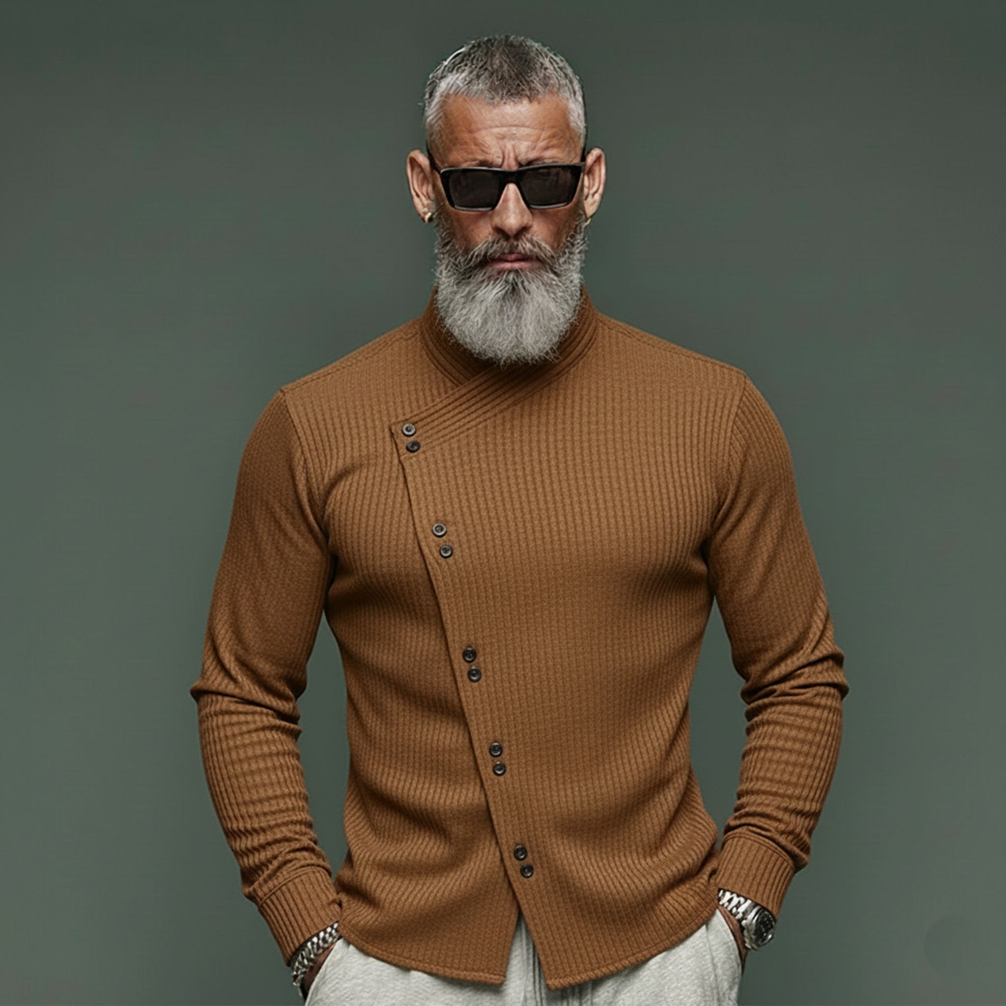 Men's Classic Casual Rugged Style Stand-collar Ribbed Long-sleeved Shirt MTA2368L9K