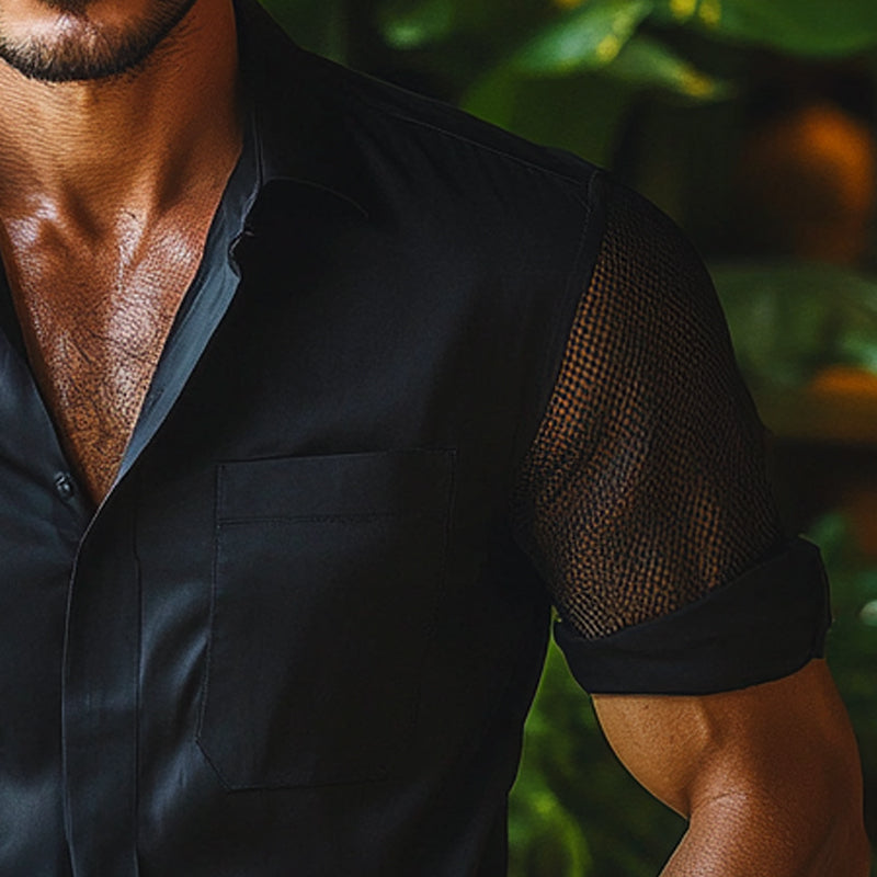 Men's Solid Color Mesh Short Sleeve Stitching Lapel Shirt MTA2794E0X