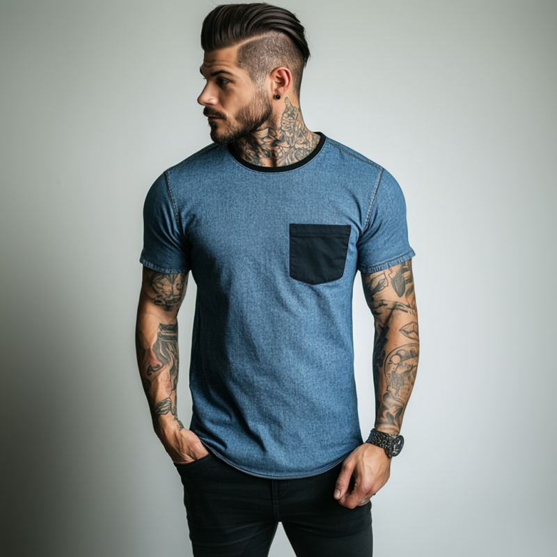 Men's Casual Washed Distressed Round Neck Patch Pocket Slim Fit Contrast Color Denim Short-sleeved T-shirt MTA1538E7M