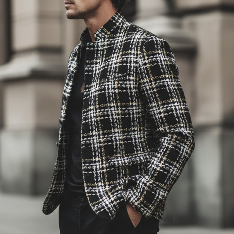 Men's Retro Elegant Tweed Plaid Stand Collar Jacket MTA1108L5U