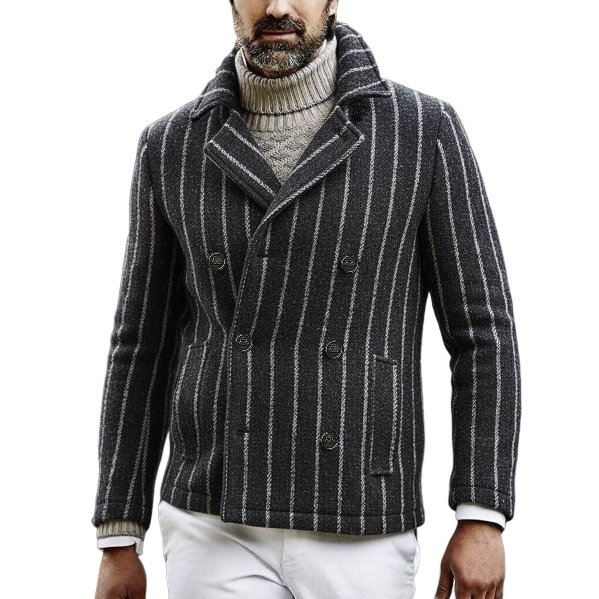 Men's Classic Retro Lapel Vertical Striped Fuax Wool Double-breasted Jacket MTA2419I0K