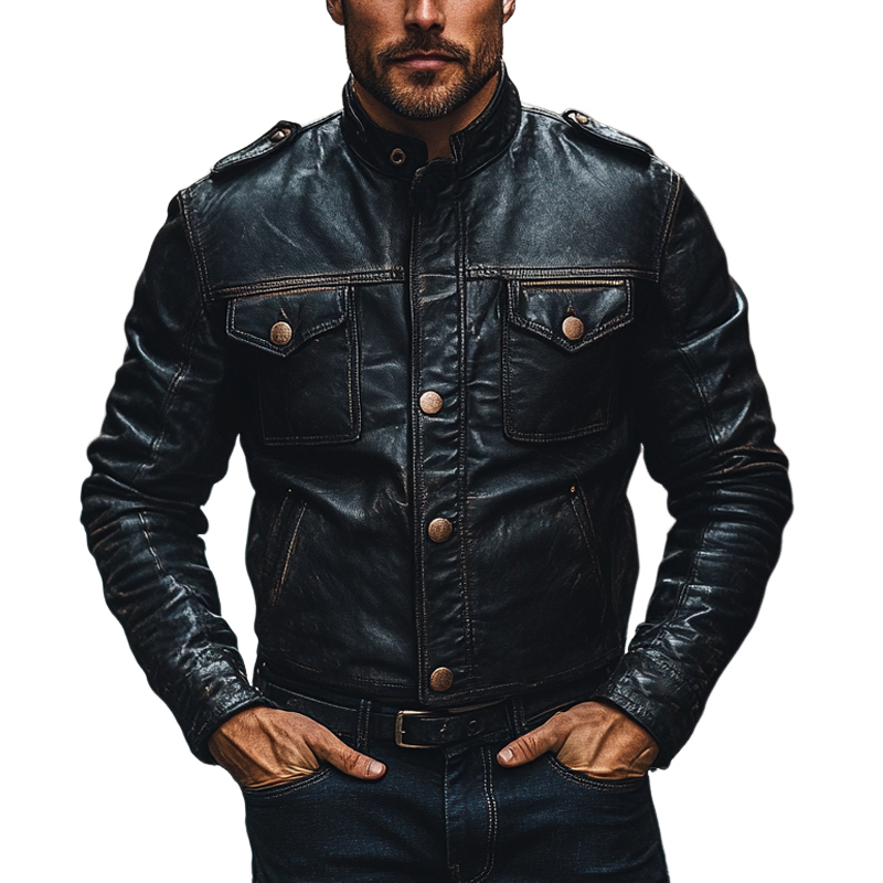 Men's Retro Motorcycle Style Multi-Pocket Stand Collar PU Jacket MTA1862H4X
