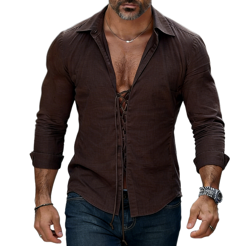 Men's Retro Casual Cotton Linen Tie-Waist Lapel Long-Sleeve Shirt MTZ2216A6TO