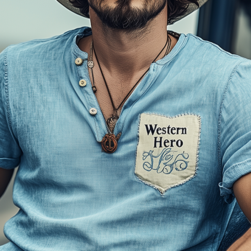 Men's Spring And Summer Fashion Casual Western Cowboy Style Tencel Denim Patchwork Embroidery Henry Collar Short Sleeve T-shirt MTA1686E3K