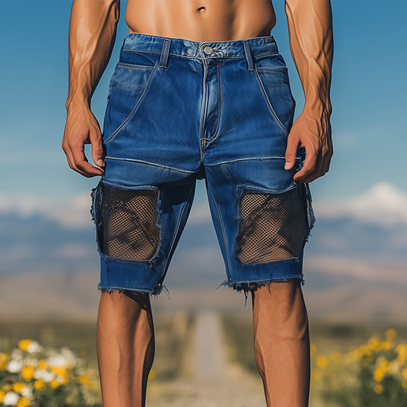 Men's Spring And Summer Fashion Casual Denim Washed Splicing Mesh Shorts MTA2733F4K