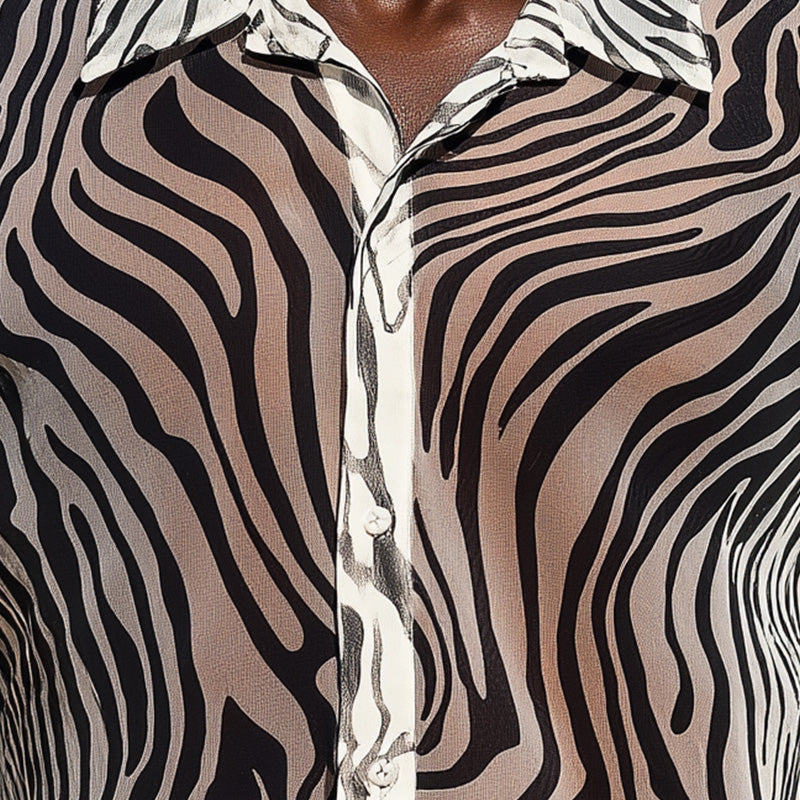 Men's Summer Fashion Breathable Zebra Print Organza Short Sleeve Shirt MTA2724E9P