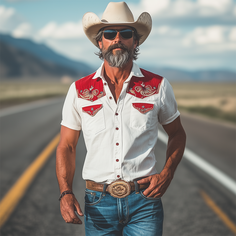 Men's Spring And Summer New Fashion Retro Western Cowboy Style Cotton Blended Stitching Cotton And Linen Embroidery Slim Lapel Short-Sleeved Shirt MTA0937E2K