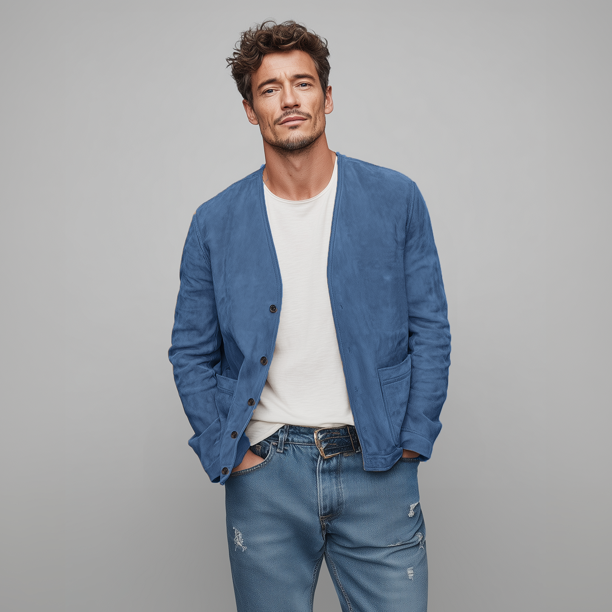 Men's Spring Casual Thin Suede Solid Color Collarless Loose Jacket MTA2275G4K