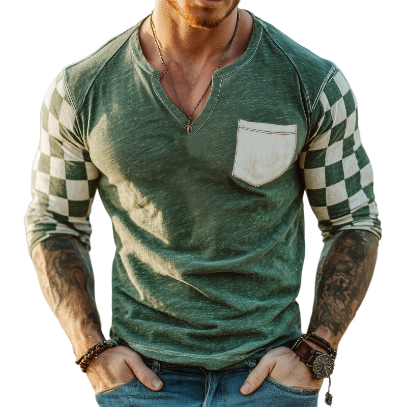 Men's Classic Checkerboard V-neck Long Sleeve T-shirt MTA1825G5U
