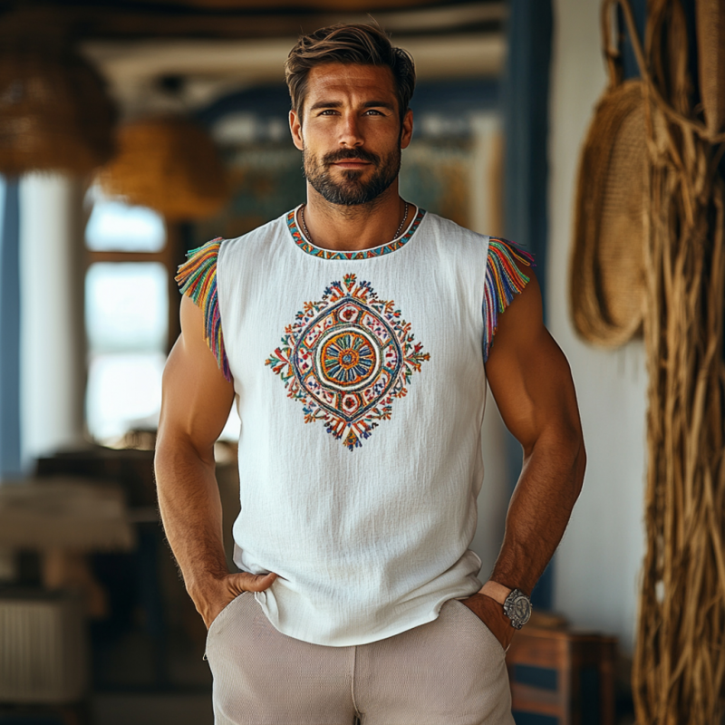 Men's Bohemian Embroidered Tassel Cotton Linen Round Neck Slim Fit Tank Top MTA2915E4M