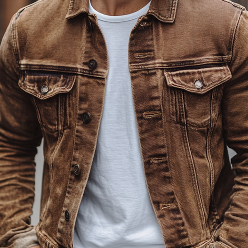 Men's Vintage Casual Solid Color Washed Denim Jacket 80646611K