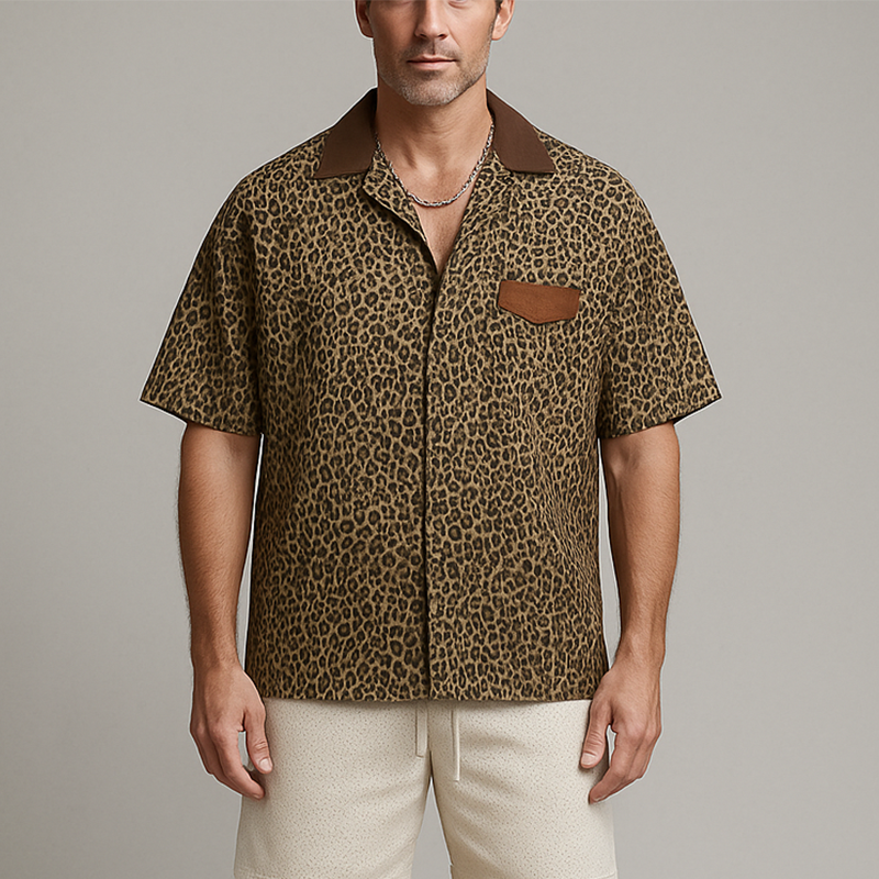 Men's Summer Fashion Leopard Print Cotton Blend Short Sleeve Shirt MTA0706G0P