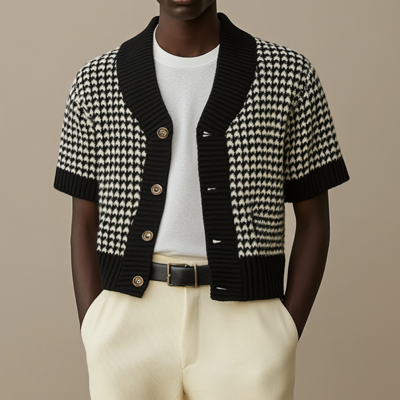 Men's Casual Contrast Houndstooth Jacquard Knit Single Breasted Short Sleeve Cardigan MTA0607E4M