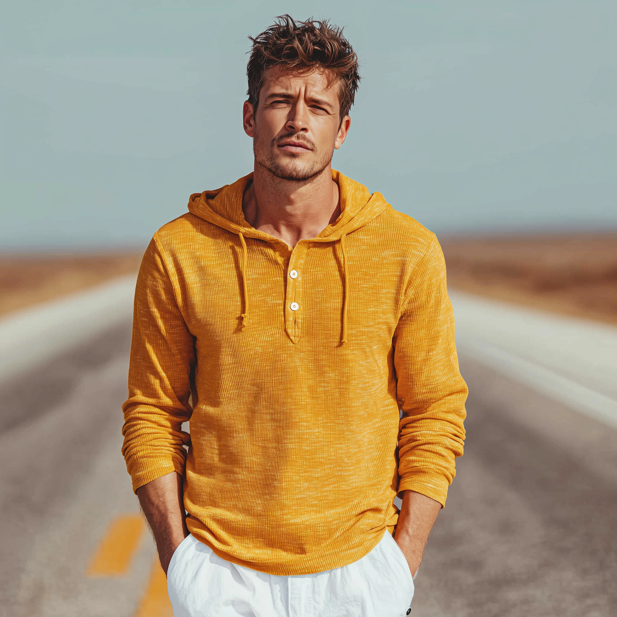 Men's Classic Casual Hooded Henley Collar Knit Long Sleeve T-Shirt MTA2373G6K