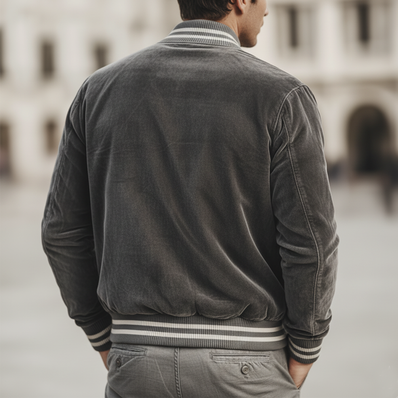 Men's Urban Classic Grey Velvet Embroidered Zip-Up Jacket MTA2932L2U