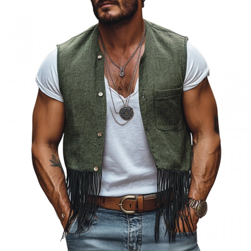 Men's Bohemian Linen Round Neck Single Breasted Patch Pocket Tassel Paneled Vest MTA2120E4M