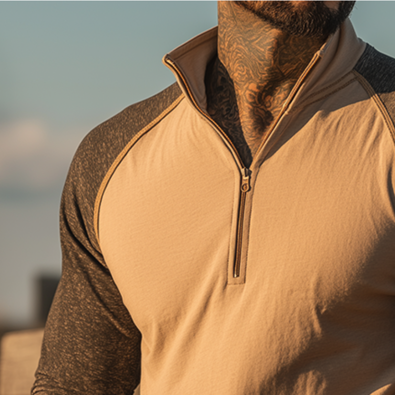 Men's Retro Casual Western Style Cotton Colorblock Zipper Neck Long Sleeve T-shirt MTA2174H6TO
