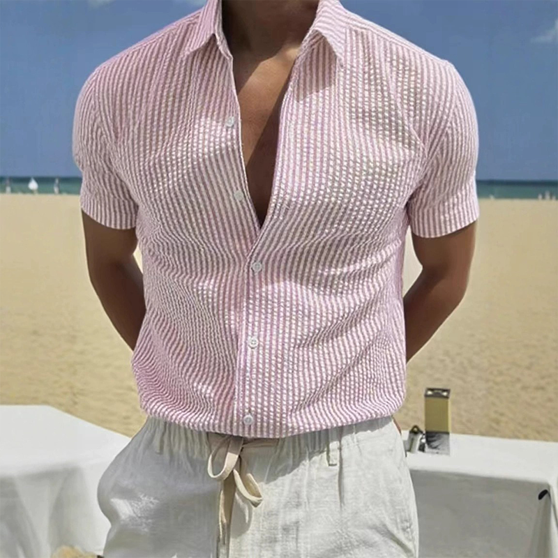Men's Stripe Print Casual Lapel Short Sleeve Shirt MTA0440H6X