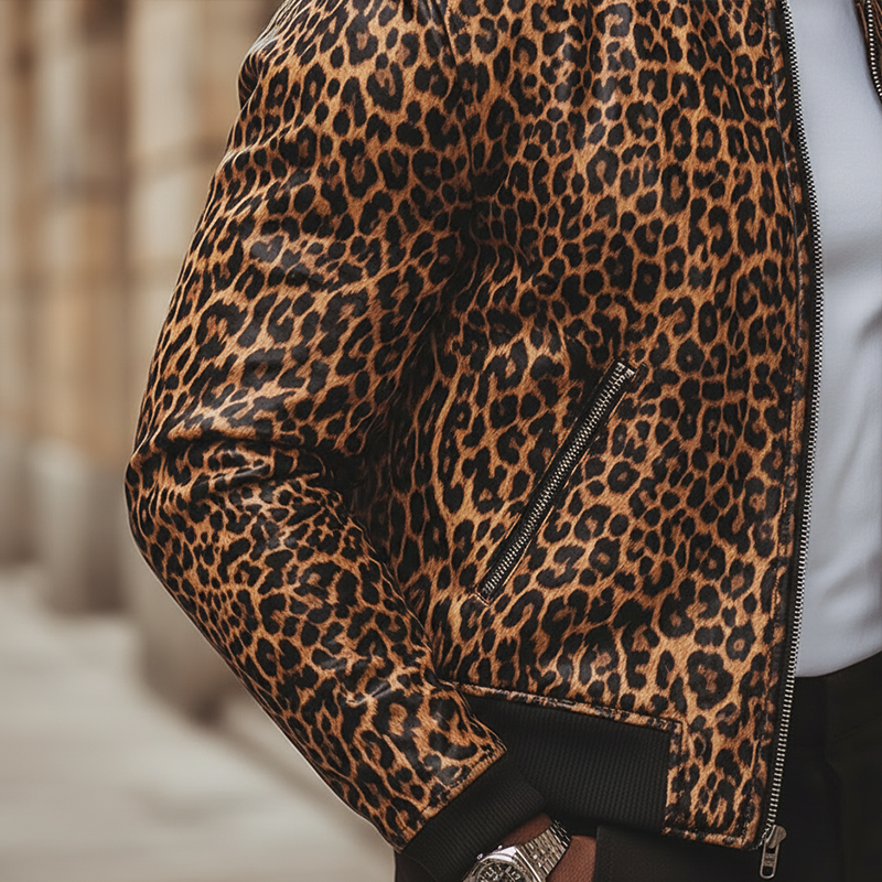 Men's Winter Retro Leopard Print Faux Leather Zip-Up Jacket MTA1053L7P