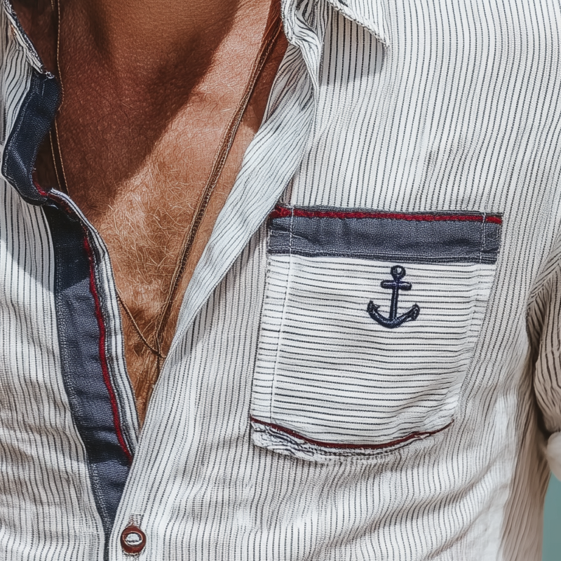 Men's Stripe Print Contrast Embroidery Short Sleeve Shirt MTA1585G2X