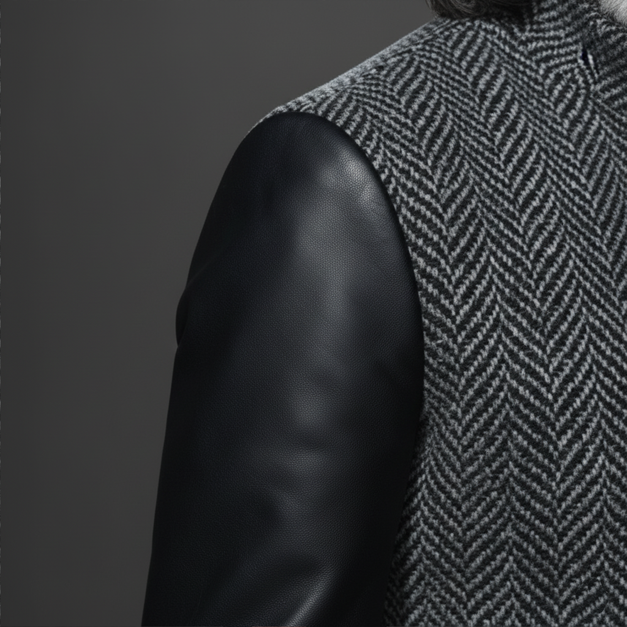 Men's Classic Retro Sleeves Stitching PU Leather Stand Collar Faux Herringbone Woolen Jacket MTA2858I3K
