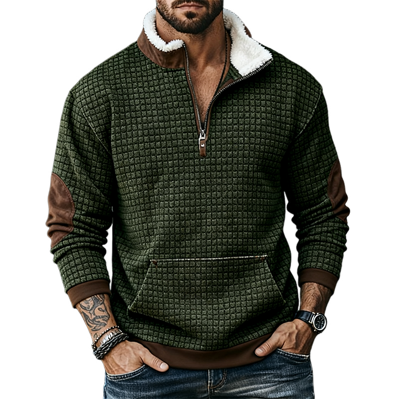 Men's Retro Casual Splicing Plush Stand Collar Long Sleeve Sweatshirt MTA2404J2TO