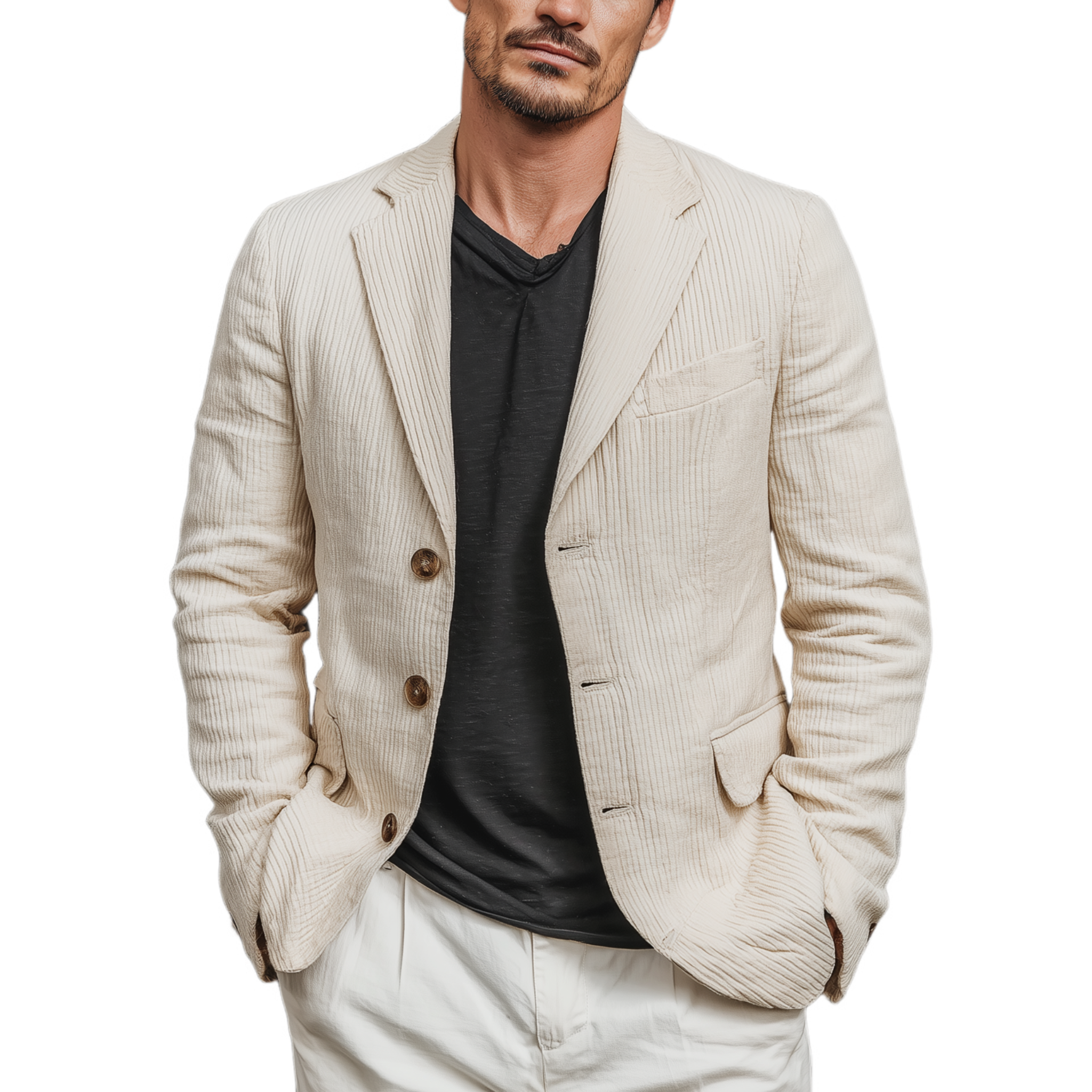 Men's Spring Casual Thin Corduroy Solid Color Single-Breasted Three-Button Blazer MTA2224G5K