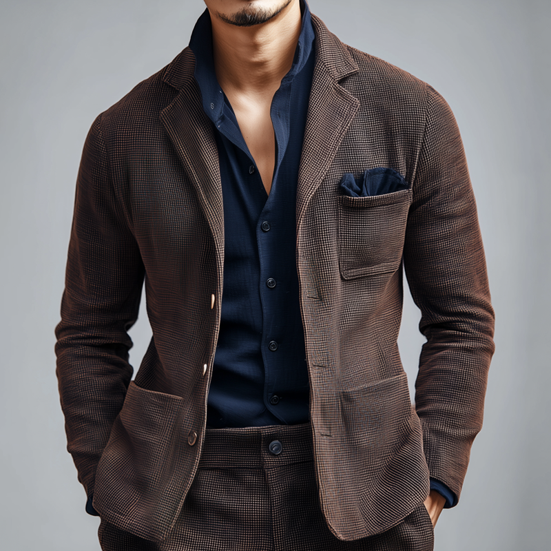 Men's Woven Textured Plaid Notch Lapel Single-Breasted Blazer MTA2880H9Z