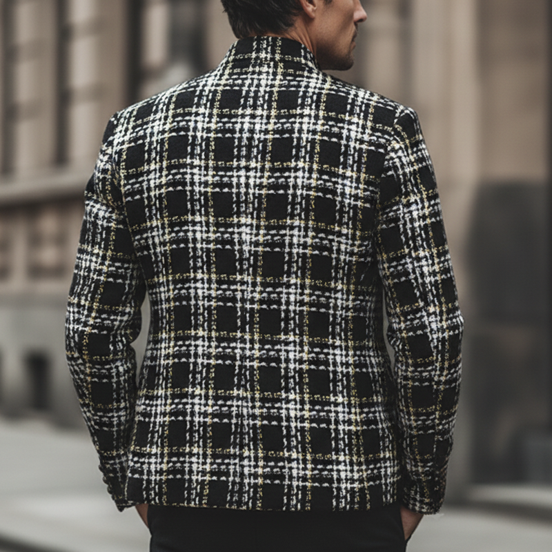 Men's Retro Elegant Tweed Plaid Stand Collar Jacket MTA1108L5U