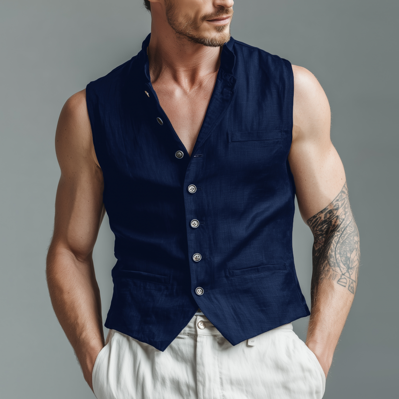 Men's Vintage Solid Color Breathable Linen Stand Collar Single Breasted Slim Suit Vest MTA2500G0M