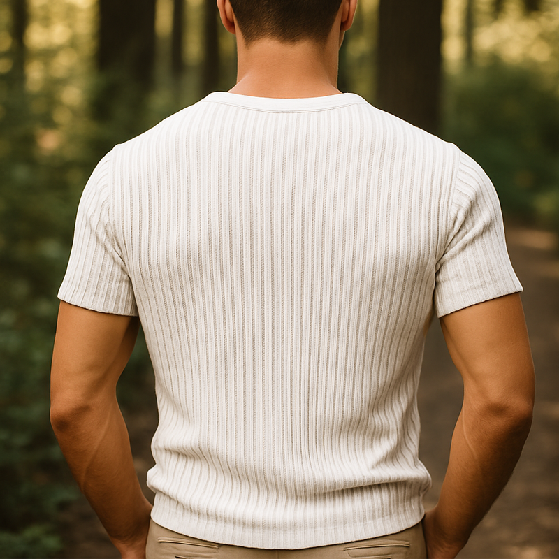 Men's Summer Basic Solid Color V-neck Knitted Striped Short-sleeved T-shirt MTA0324G7U