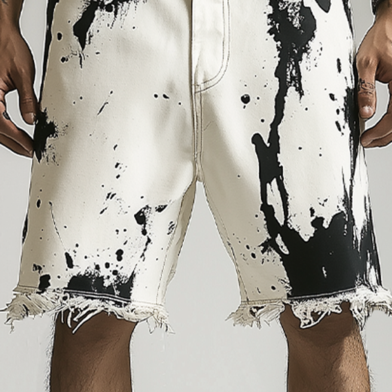 Men's Spring And Summer Fashion Casual Personality Washed Denim Ink-splashed Hem Shorts MTA2336F1K
