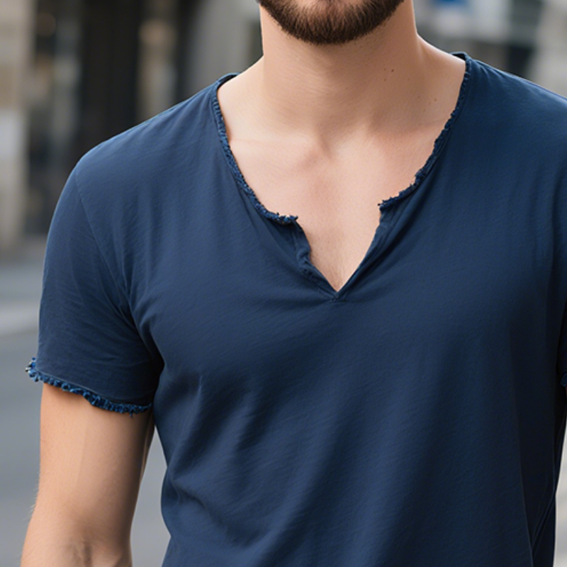 Men'S Retro Casual Solid Color Cotton Ripped V-Neck Short Sleeve T-Shirt MTA1046E4TO