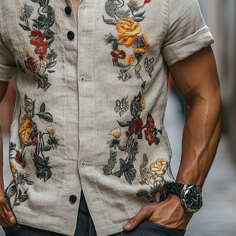 Men's Floral Embroidered Slim Fit Short Sleeve Stand Collar Shirt MTA2700E8X