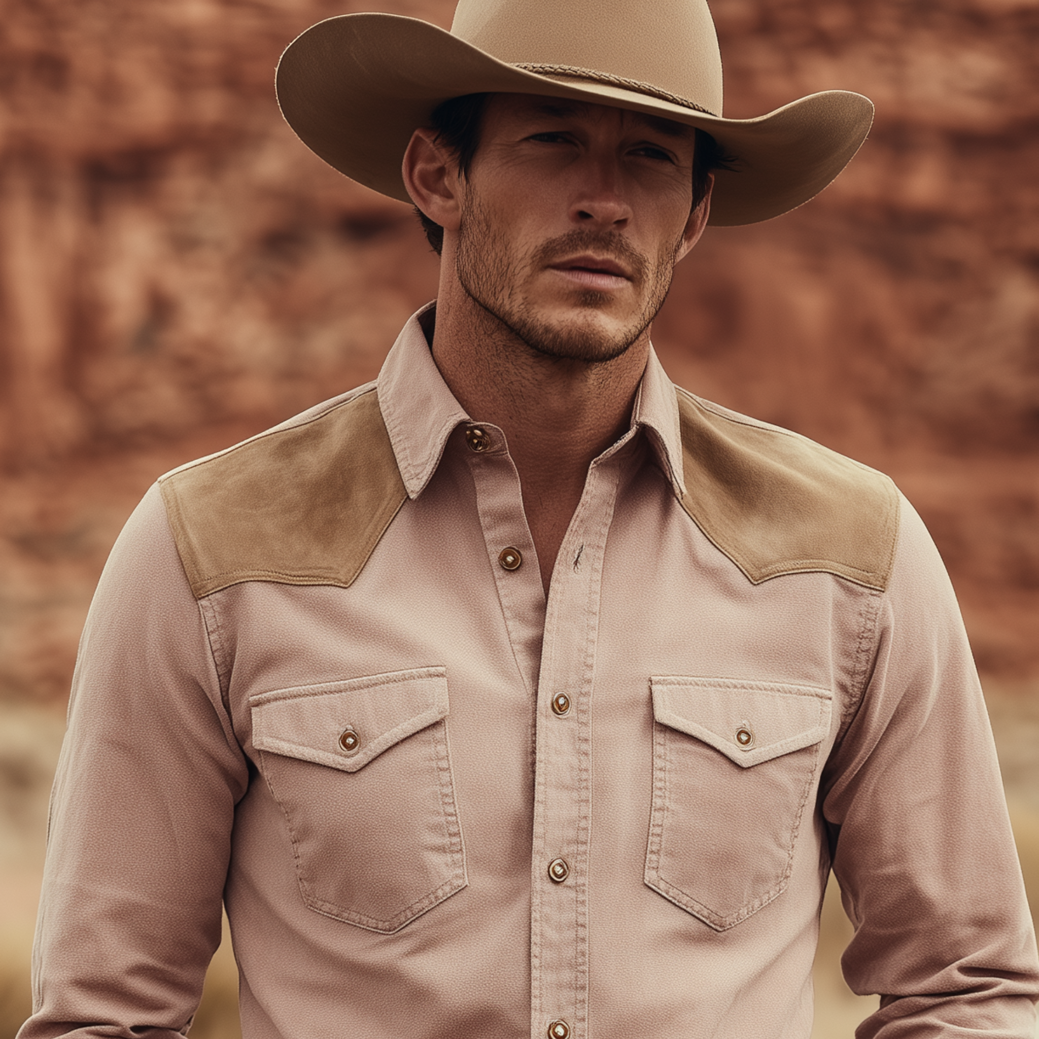 Men's Classic Retro Western Style Suede Shoulder Patchwork Pink Cotton Blend Long Sleeve Shirt MTA2220H2K