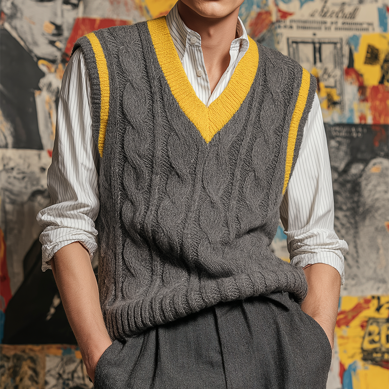 Men's Retro Casual Simple Knitted Colorblock V-Neck Vest MTA2387I4TO