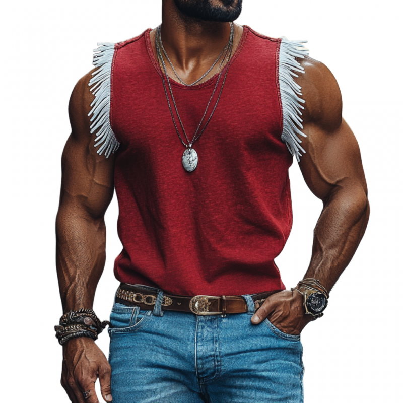 Men's Casual Breathable Cotton Round Collar Contrast Color Tassel Loose Tank Top MTA2114E8M