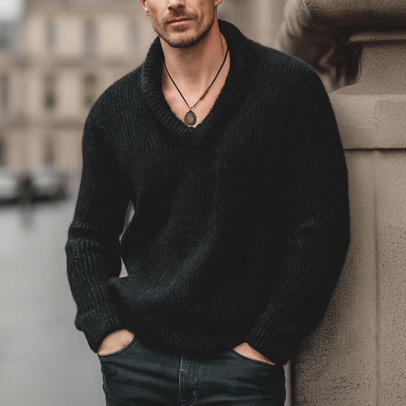 Men's Classic Thick Pure Black V-neck Pullover Casual Sweater MTA2031J8U