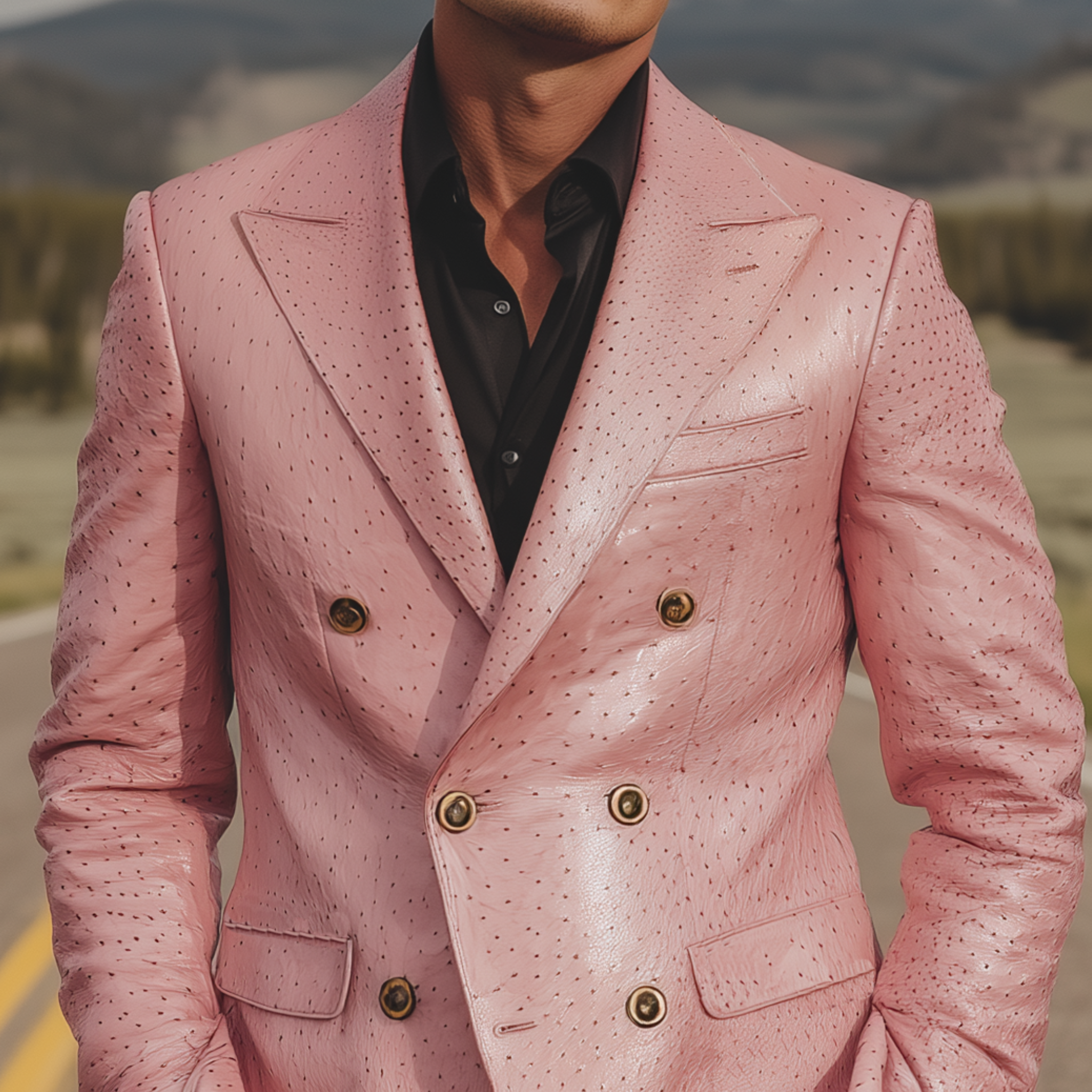 Men's Classic American Retro Pink Textured PU Leather Slim Double-breasted Blazer MTA1673H5K