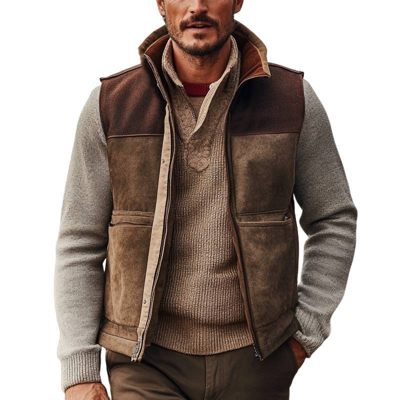 Men's Retro Color Block Suede Zipper Stand Collar Vest MTA1565K6X