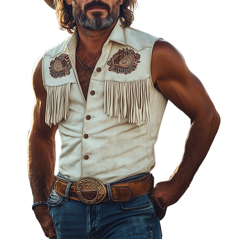 Men's Spring And Summer Fashion Retro Western Cowboy Style Tough Guy Thin Suede Embroidered Tassel Slim Sleeveless Shirt MTA1558E7K